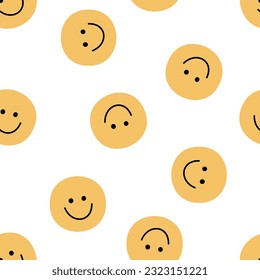 Smiling face doodle seamless pattern. Happy muted yellow emoticons, y2k style. Vector illustration isolated on white background