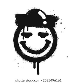 smiling face emoji character with hat. Spray painted graffiti smiling face in black over white. isolated on white background. vector illustration