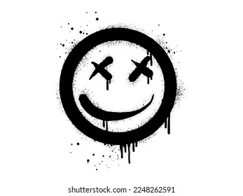 smiling face emoji character  Spray painted graffiti smile face in black over white  isolated white background  vector illustration