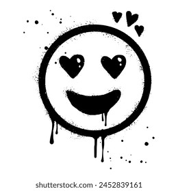 smiling face emoji character. Spray painted graffiti smile face with love in black over white. isolated on white background. vector illustration