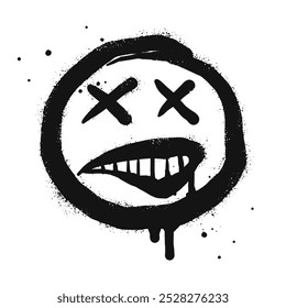 Carácter emoji de cara sonriente. Cara de sonrisa de graffiti pintada en spray en negro sobre blanco. aislado sobre fondo blanco. Ilustración vectorial