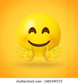 Um emoji de rosto sorridente com olhos sorridentes, bochechas rosadas e com as mãos abertas, como se estivesse dando um abraço em fundo amarelo - emoticon mostrando uma verdadeira sensação de felicidade