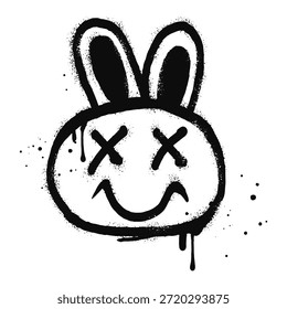 Cara sonriente emoji conejo personaje. Cara de sonrisa de graffiti pintada en spray en negro sobre blanco. aislado sobre fondo blanco. Ilustración vectorial