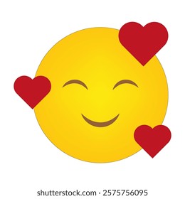 Smiling face emoji. Red heart accents. Bright yellow icon. Love concept symbol.