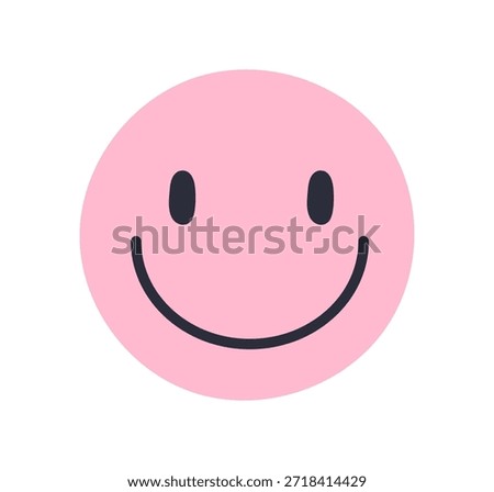 Smiling face emoji, round head emoticon. Cute round character with wide smile, joyful expression, cheerful mood, happy eyes, optimistic emotion. Flat vector illustration isolated on white background