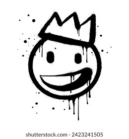 Smiling face emoticon character with crown. Spray painted graffiti smile face in black over white. isolated on white background. vector illustration