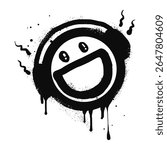 Smiling face emoticon character with headphone. Spray painted graffiti smile face in black over white. isolated on white background. vector illustration