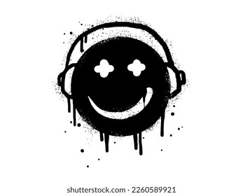 Smiling face emoticon character with headphone. Spray painted graffiti smile face in black over white. isolated on white background. vector illustration