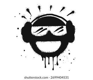 Smiling face emoticon character with headphone. Spray painted graffiti smile face in black over white. isolated on white background. vector illustration