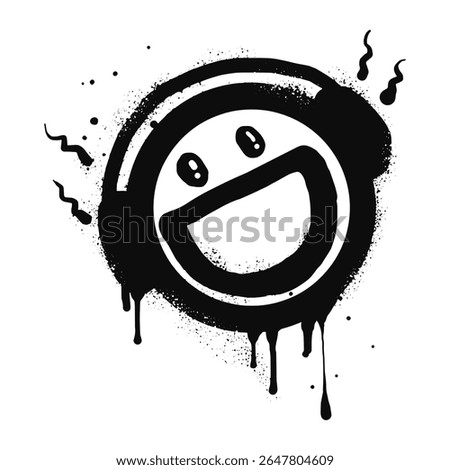 Smiling face emoticon character with headphone. Spray painted graffiti smile face in black over white. isolated on white background. vector illustration