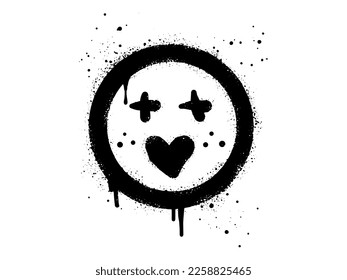 Carácter sonriente emoticono facial. Sonrisa de graffiti pintada con aerosol cara con amor en blanco y negro. aislado de fondo blanco. ilustración vectorial