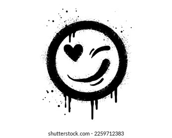 Smiling face emoticon character  Spray painted graffiti smile face and love in black over white  isolated white background  vector illustration