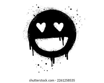 Smiling face emoticon character. Spray painted graffiti smile face with love in black over white. isolated on white background. vector illustration
