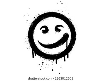 Smiling face emoticon character. Spray painted graffiti smile face in black over white. isolated on white background. vector illustration