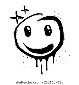 Smiling face emoticon character. Spray painted graffiti happy face in black over white. isolated on white background. vector illustration