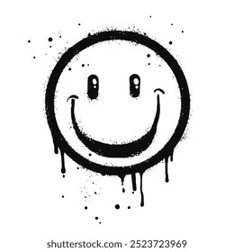 Carácter del emoticono de la cara sonriente. Cara feliz pintada con spray en negro sobre blanco. aislado sobre fondo blanco. Ilustración vectorial