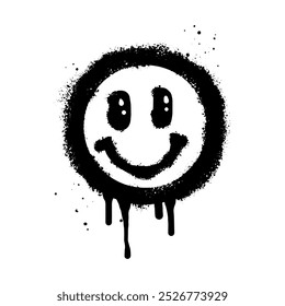 Carácter del emoticono de la cara sonriente. Cara de sonrisa de graffiti pintada en spray en negro sobre blanco. aislado sobre fondo blanco. Ilustración vectorial