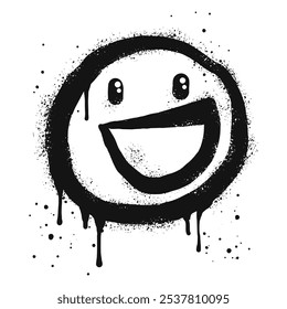 Carácter del emoticono de la cara sonriente. Cara feliz pintada con spray en negro sobre blanco. aislado sobre fondo blanco. Ilustración vectorial