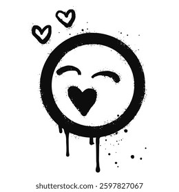 Smiling face emoticon character. Spray painted graffiti smile face with love in black over white. isolated on white background. vector illustration