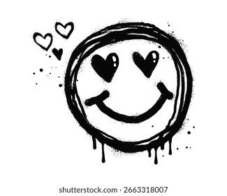 Smiling face emoticon character. Spray painted graffiti smile face with love in black over white. isolated on white background. vector illustration