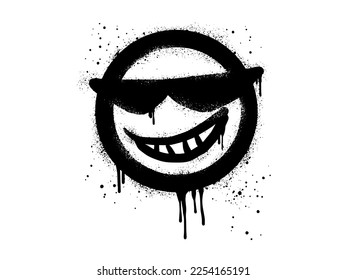 Smiling face emoticon character and sunglasses  Spray painted graffiti smile face in black over white  isolated white background  vector illustration