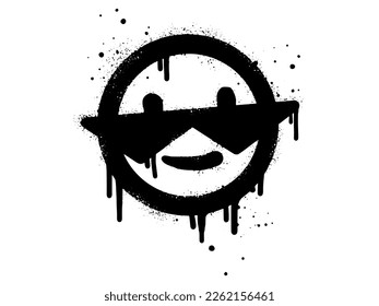Smiling face emoticon character and sunglasses  Spray painted graffiti smile face in black over white  isolated white background  vector illustration