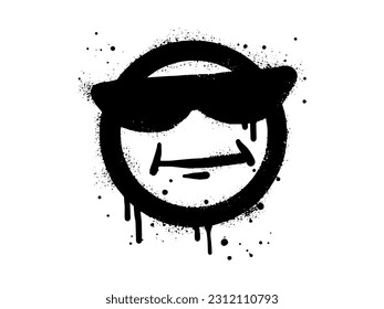Smiling face emoticon character with sunglasses. Spray painted graffiti smile face in black over white. isolated on white background. vector illustration