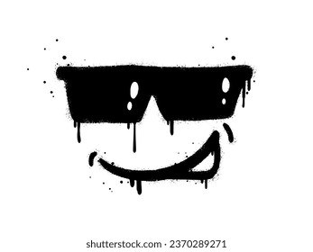 Smiling face emoticon character with sunglasses. Spray painted graffiti smile face in black over white. isolated on white background. vector illustration