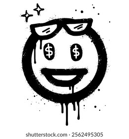 Smiling face emoticon character with sunglasses with dollar eyes. Spray painted graffiti smile face in black over white. isolated on white background. vector illustration