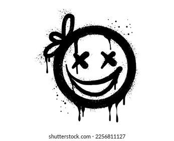Smiling face emoticon girl character  Spray painted graffiti smile face in black over white  isolated white background  vector illustration