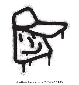 Smiling face emoticon wearing baseball cap with black spray paint