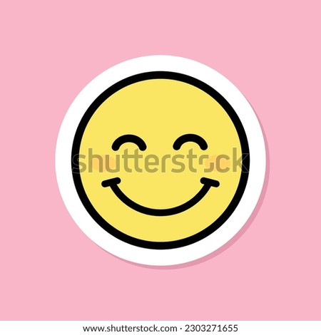 smiling face with smiling eyes emoji sticker, yellow face with closed eyes, black outline, cute sticker on pink background, groovy aesthetic, vector design element