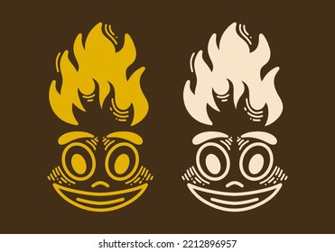 Smiling face with fire flame on it retro vintage line art design