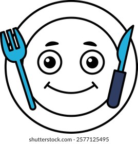 A smiling face with a fork and knife on a plate