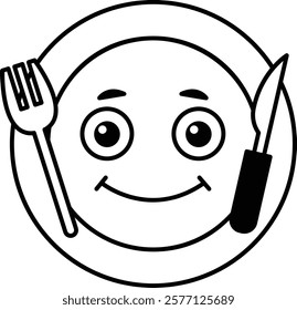 A smiling face with a fork and knife on a plate