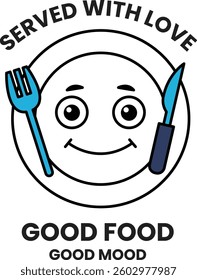A smiling face with a fork and knife on a plate with the words "Good Food" written below it
