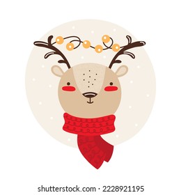 Smiling face funny deer. Cute reindeer in a winter scarf and Christmas garland. Cartoon animal character isolated on white background. Childish colorful vector illustration for Christmas and New yea