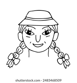 Cara sonriente de una niña divertida en un sombrero de Panamá y dos coletas, contorno negro aislado en blanco. Esbozo de dibujo lineal en estilo garabato. Clipart de Vector para ilustración infantil.