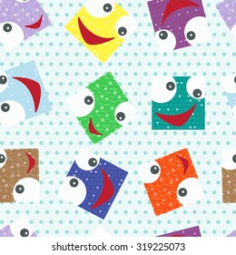 Smiling face. Funny square face seamless pattern. Colorful wallpaper for children.