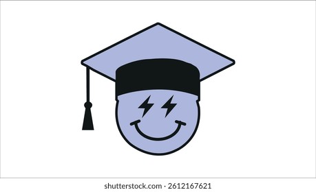 Smiling face with graduation cap and lightning bolt eyes symbolizing learning and success