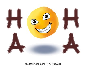 Smiling Face With Ha Ha Lettering And Shadow, Yellow Orange Anthropomorphic Smiley Face