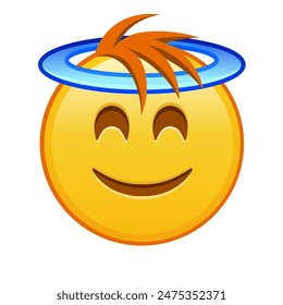 Cara sonriente con halo sobre la cabeza Grande tamaño de la sonrisa de emoji amarillo con el pelo