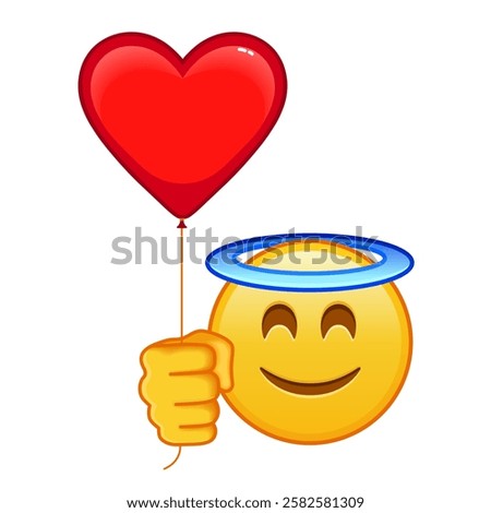 Smiling face with halo above head with red heart baloon Large size of yellow emoji smile