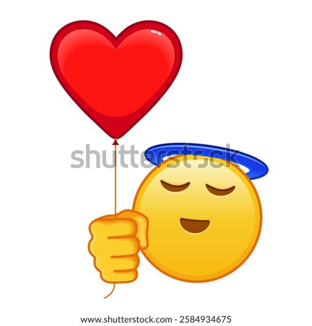 Smiling face with halo above head with red heart baloon Large size of yellow emoji smile