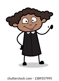 Smiling Face with Hand Gesture - Retro Black Office Girl Cartoon Vector Illustration