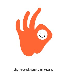 Smiling Face. Hand Silhouette, Hand Gesture, Agree Or Okay. OK Sign 