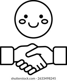 Um rosto sorridente com um aperto de mão entre duas mãos. Conceito de amizade e confiança