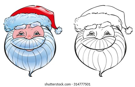 The smiling face of the head of Santa Claus symbol of New Year and Christmas in a red cap with a white fluffy beard, further outlines the performance in black and white, vector