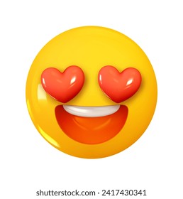 Smiling Face with Heart Eyes Emoji. Emotion 3d cartoon icon. Yellow round emoticon. Vector illustration