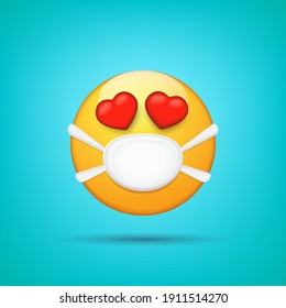 Smiling Face with Heart Eyes and mouth medical protection mask isolated on turquoise background. Yellow smile face character with white surgeon mask. Valentines day concept ilustration or icon